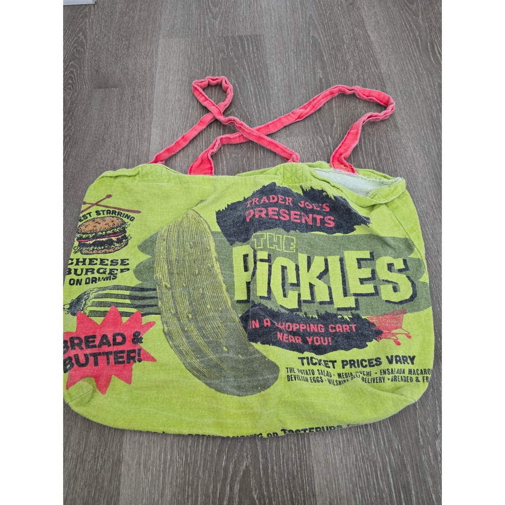Trader Joes The Pickles Canvas Tote Bag Reusable Grocery Shopping Green Pink - Picture 2 of 5